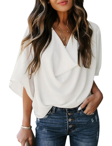 Luyeess Women Draped Neck Tops Casual 3/4 Bell Sleeve Blouse Summer Loose Shirt