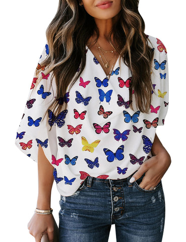 Luyeess Women Draped Neck Tops Casual 3/4 Bell Sleeve Blouse Summer Loose Shirt