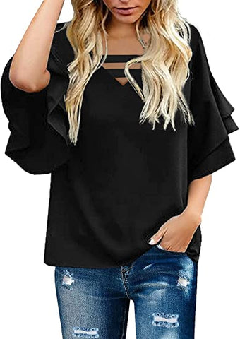 Luyeess Women's Casual Blouse Half Bell Sleeve Crewneck Keyhole Tunic Top Shirt
