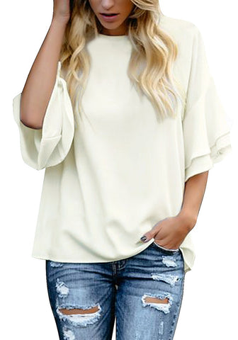 Luyeess Women's Casual Blouse Half Bell Sleeve Crewneck Keyhole Tunic Top Shirt