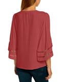 Luyeess Women's V Neck Mesh Panel Chiffon 3/4 Bell Sleeve Blouse Top Shirt Tee