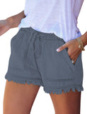 Luyeess Women Casual Drawstring Elastic Waist Denim Shorts Raw Hem Pocketed Jean