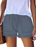 Luyeess Women Casual Drawstring Elastic Waist Denim Shorts Raw Hem Pocketed Jean