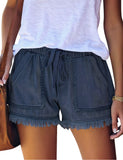 Luyeess Women Casual Drawstring Elastic Waist Denim Shorts Raw Hem Pocketed Jean