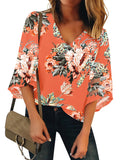 Luyeess Women's V Neck Mesh Panel Chiffon 3/4 Bell Sleeve Blouse Top Shirt Tee