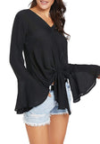 Luyeess Women's V Neck Blouse Long Bell Sleeve Tops Tie Front Knot Loose Shirt