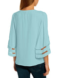 Luyeess Women's V Neck Mesh Panel Chiffon 3/4 Bell Sleeve Blouse Top Shirt Tee