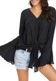 Luyeess Women's V Neck Blouse Long Bell Sleeve Tops Tie Front Knot Loose Shirt