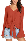 Luyeess Women's V Neck Blouse Long Bell Sleeve Tops Tie Front Knot Loose Shirt