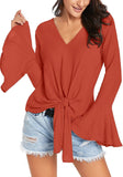 Luyeess Women's V Neck Blouse Long Bell Sleeve Tops Tie Front Knot Loose Shirt