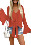 Luyeess Women's V Neck Blouse Long Bell Sleeve Tops Tie Front Knot Loose Shirt