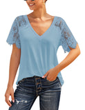 Luyeess Women's Casual V Neck Short Lace Sleeve Summer Tunic Top Shirt Blouse