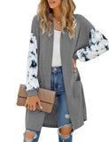 Luyeess Women's Open Front Printed Long Sleeve Draped Pockets Cardigan Sweater