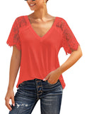 Luyeess Women's Casual V Neck Short Lace Sleeve Summer Tunic Top Shirt Blouse